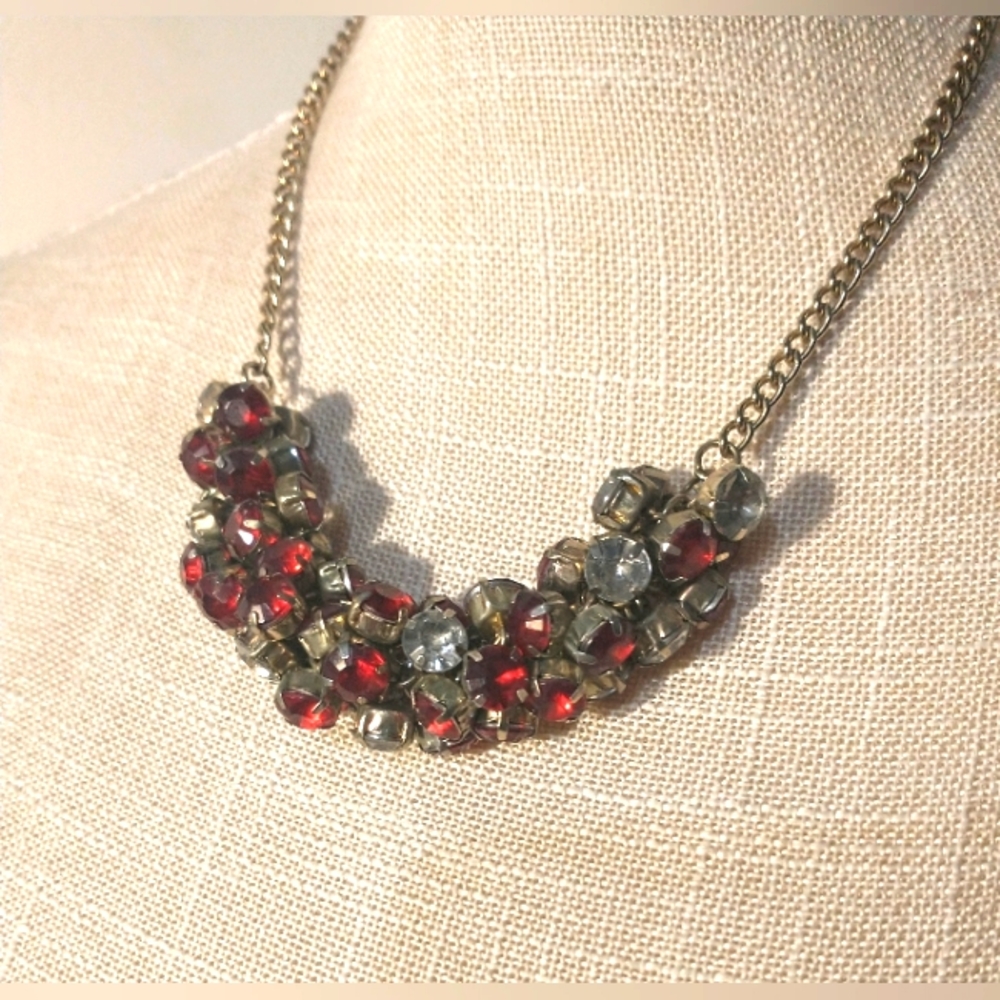 Vintage Vera Wang Cluster Necklace - Silver w/ Ruby Red & Clear Glass Stones